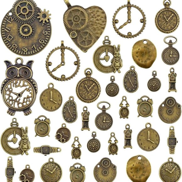 Other - Antiqued Bronze Clock Face Charm Pendant, Wholesale Bulk Lots Mixed Gears Steamp